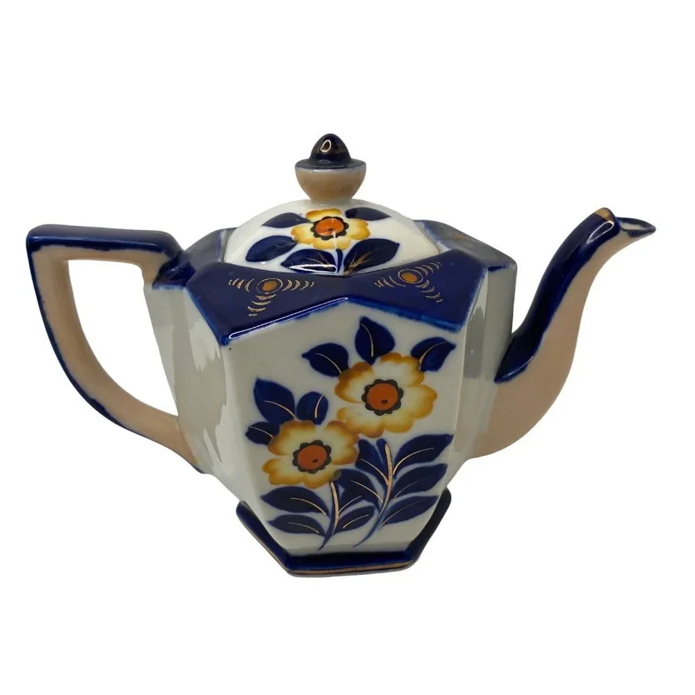 Moriyama ceramic hexagonal teapot with lid cobalt blue floral hand painted Japan